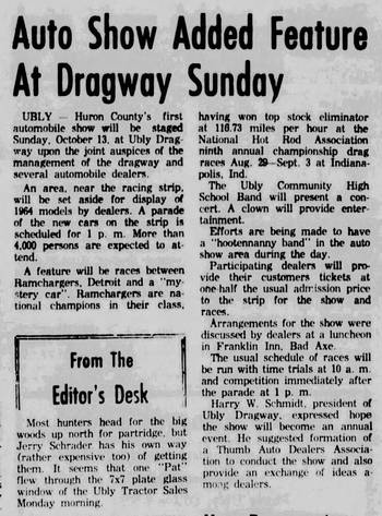 1963 auto show article Ubly Dragway, Ubly